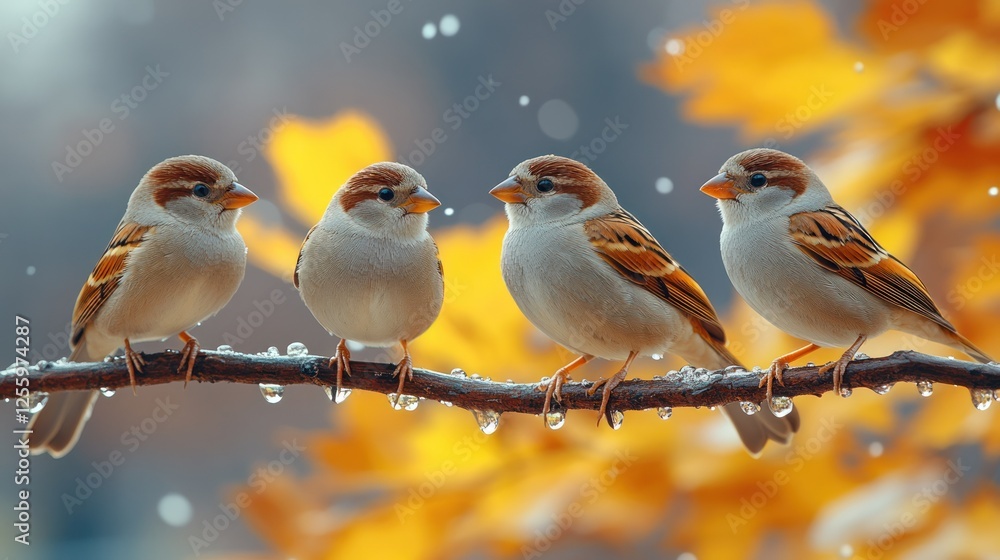Fototapeta premium Four sparrows on branch, autumn rain, leaves