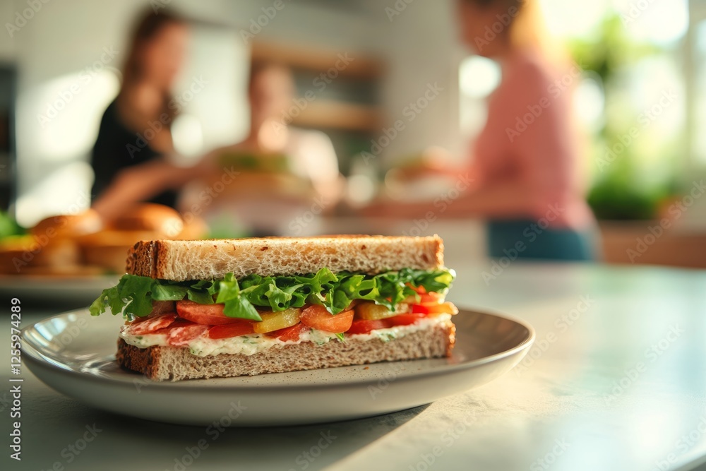 Elegant sandwich on a plate with blurred women preparing food in a minimalist kitchen setting Elegant sandwich on a plate with blurred women preparing food in a minimalist kitchen setting