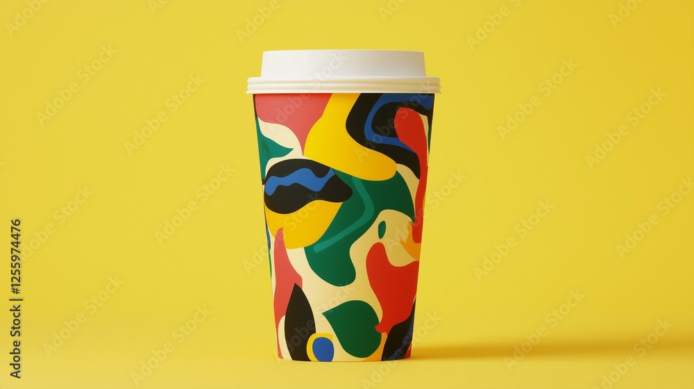 Fototapeta premium A colorful, abstract-patterned coffee cup stands against a vibrant yellow background, creating an eye-catching visual.