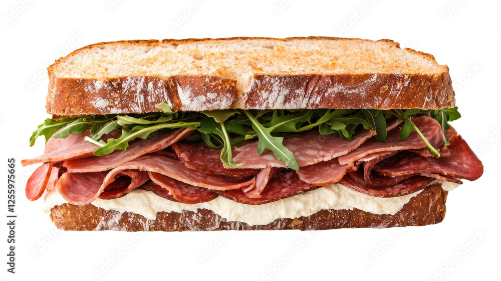 A delicious sandwich loaded with meats, fresh greens, and creamy spread, perfect for lunch or a quick snack.