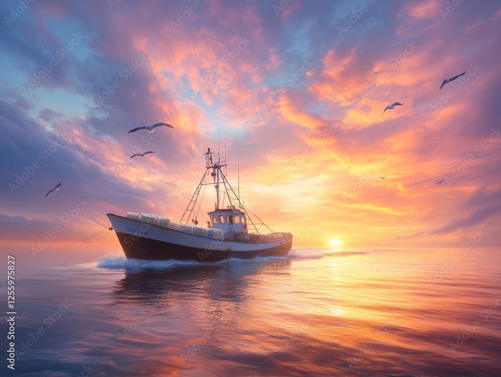 Fishing boat at sunset sailing on tranquil ocean waters Fishing boat at sunset sailing on tranquil ocean waters