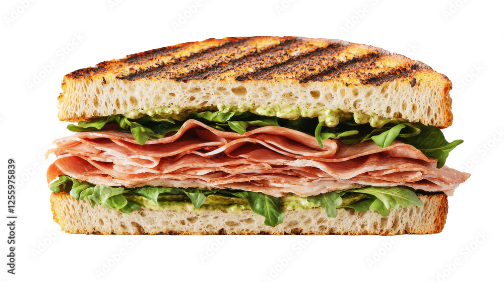 A delicious grilled sandwich filled with fresh lettuce and layers of savory ham, perfect for a quick meal or snack. A delicious grilled sandwich filled with fresh lettuce and layers of savory ham, perfect for a quick meal or snack.