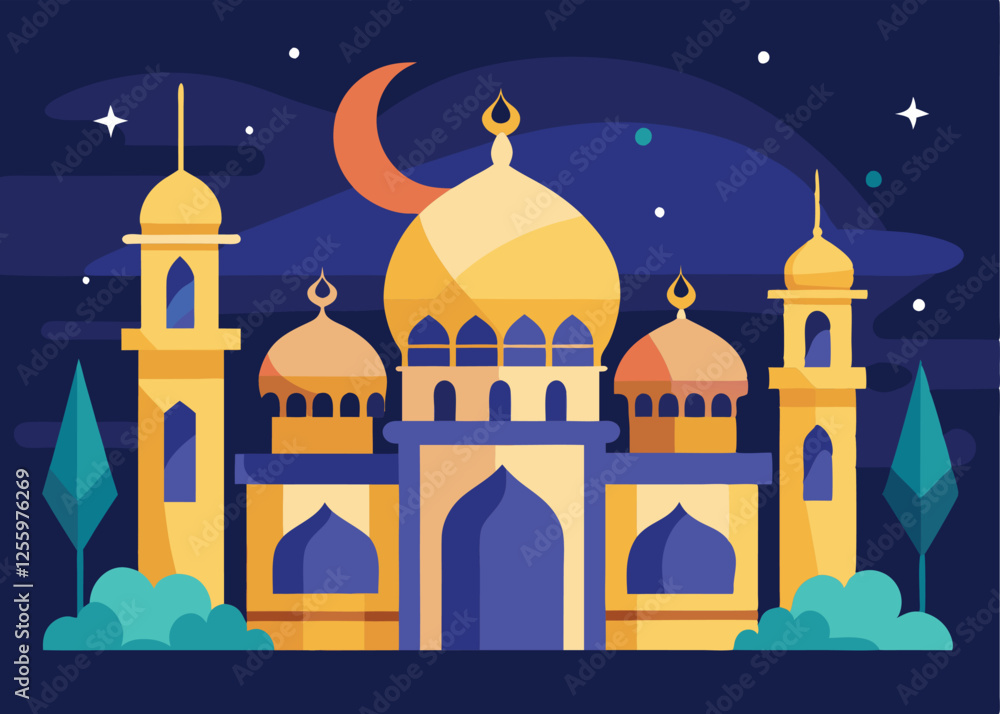 Fototapeta premium Majestic Ramadan Mosque, Domes, Minarets, and Festive Lanterns Eid Art Arab Faith Muslim Vector