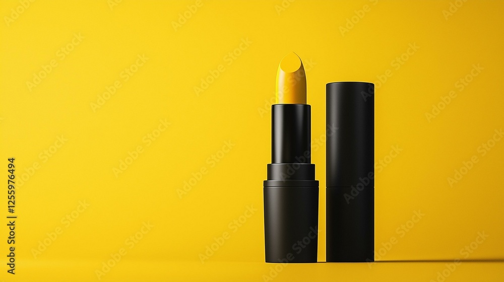 Fototapeta premium A vibrant yellow lipstick stands upright beside its black casing, set against a bright yellow background, showcasing bold beauty and creativity.