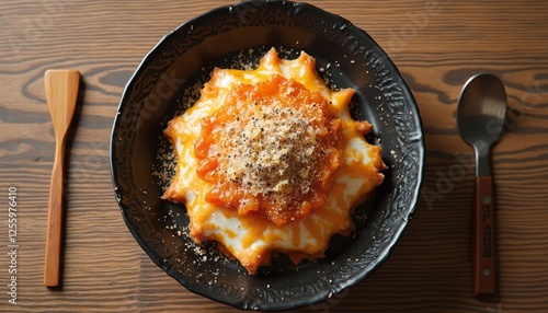 Elegant plating of a unique savory dish on a dark ornate plate photo