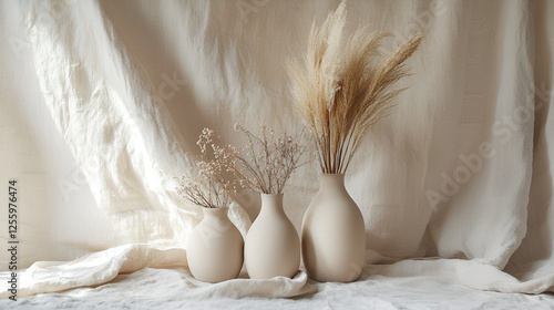 Neutral toned vases with dried floral arrangements on a rumpled fabric backdrop, simple and elegant. photo