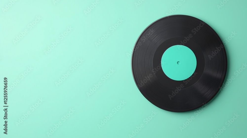 Obraz premium A vintage black vinyl record is displayed against a vibrant mint green background, showcasing its classic appeal and musical heritage.