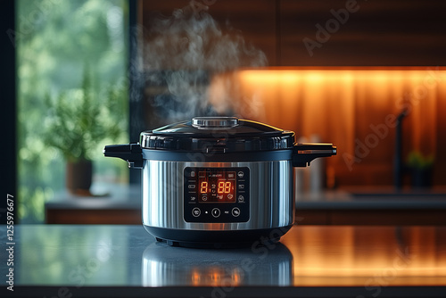 modern electric pressure cooker with steam rising, showcasing its digital display and sleek design in kitchen setting
