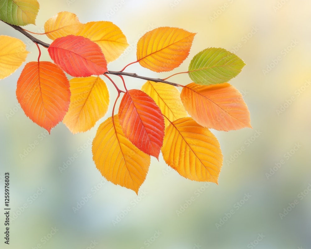 Vibrant Autumn Leaves on Branch Against Soft Blurred Background Vibrant Autumn Leaves on Branch Against Soft Blurred Background