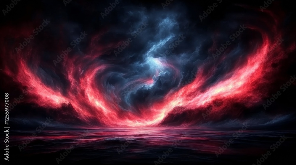 Fiery red and blue clouds swirl above a dark, still sea in this dramatic digital artwork. The intense colors create a breathtaking fantasy landscape. Fiery red and blue clouds swirl above a dark, still sea in this dramatic digital artwork. The intense colors create a breathtaking fantasy landscape.