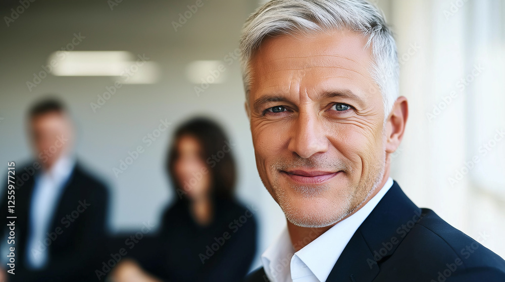 Portrait of smiling senior businessman with colleagues in background in office Portrait of smiling senior businessman with colleagues in background in office