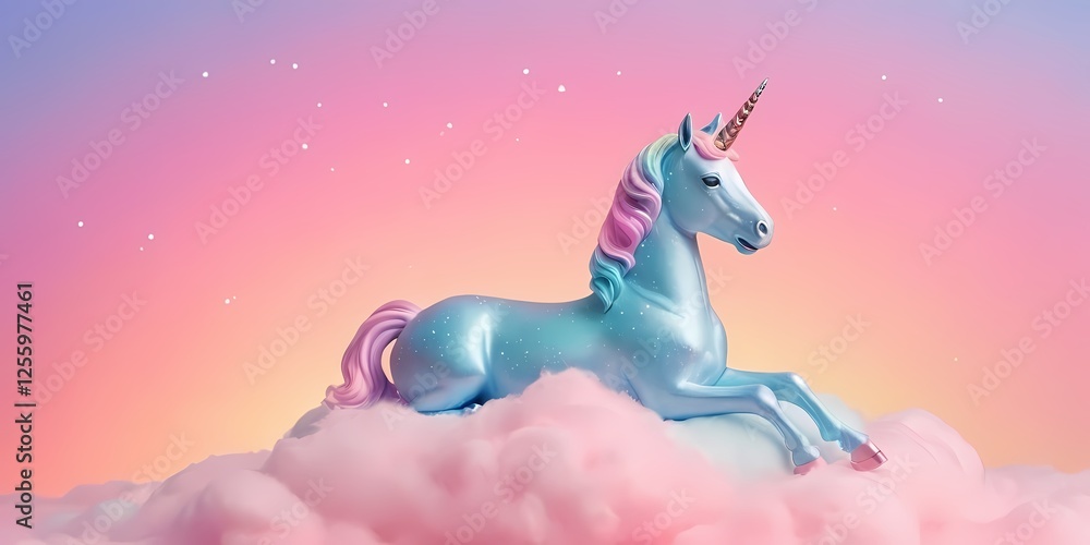Fototapeta premium Majestic Unicorn in a Dreamy Sky with Rainbow with sparkling stars against a soft, pink fantasy sky