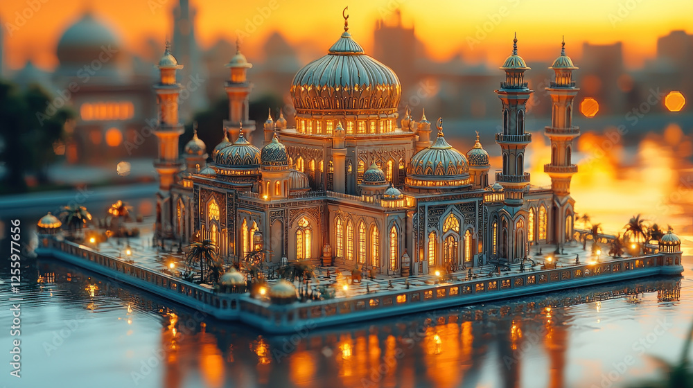 Fototapeta premium Illuminated mosque model at sunset on water, city backdrop, architectural study