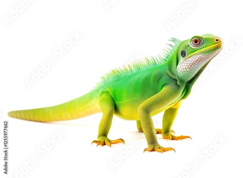 an image of a green lizard standing on a white surface, there is a green lizard that is standing on a white surface photo