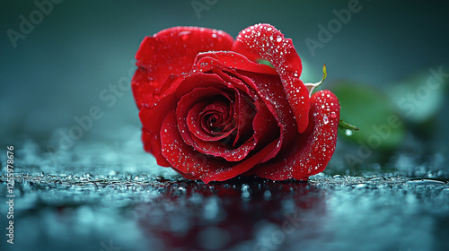 Red rose with water drops on dark background, ideal for romantic projects