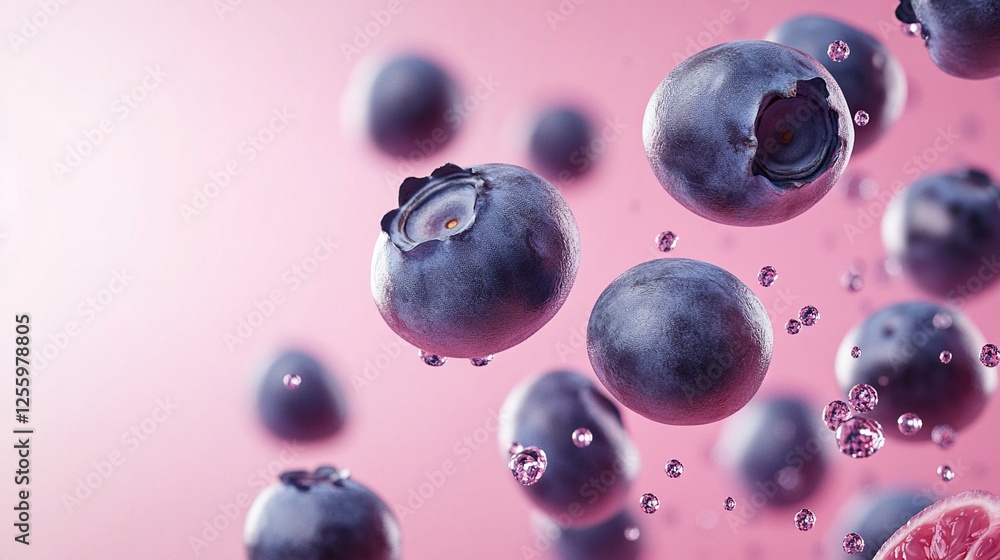 Fresh Blueberries Floating in a Pink Background Fresh Blueberries Floating in a Pink Background