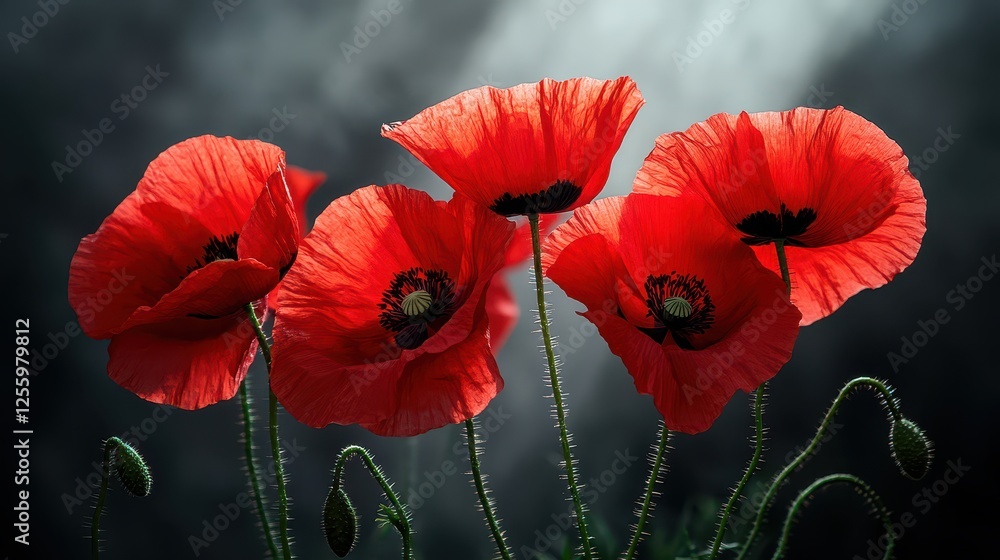 Obraz premium Vibrant Red Poppies Standing Tall Under Ominous Sky with Dramatic Lighting Creating a Striking Visual Impact in Nature Photography