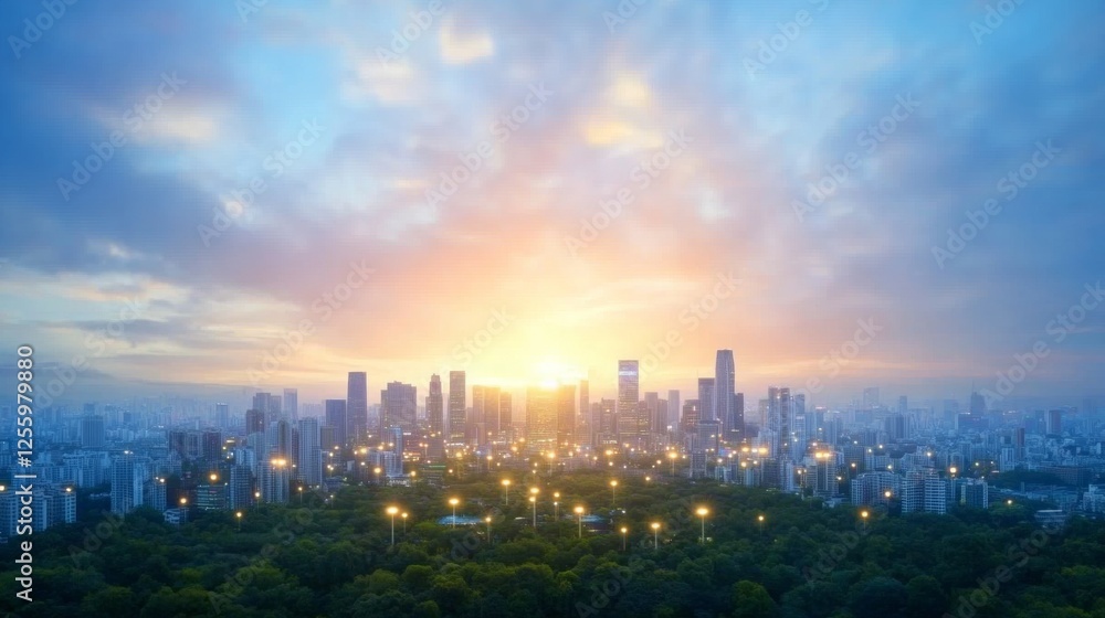 Fototapeta premium Stunning City Skyline at Sunrise Over Lush Green Park Landscape