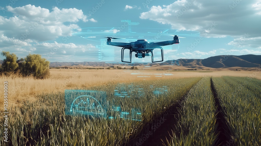 Drone flying over green wheat field analyzing and collecting data of plant growth Drone flying over green wheat field analyzing and collecting data of plant growth
