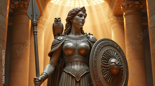 A majestic statue of Minerva, the Roman goddess of wisdom, war, and strategy, standing in a grand temple. Adorned with armor, shield, and an owl, she symbolizes knowledge and power. photo