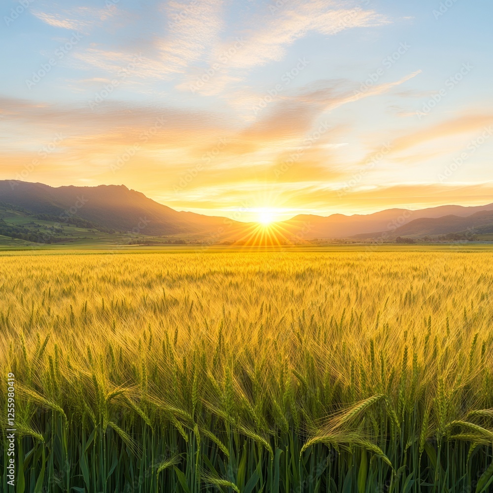Obraz premium Golden Wheat Field at Sunset with Majestic Mountains in Background