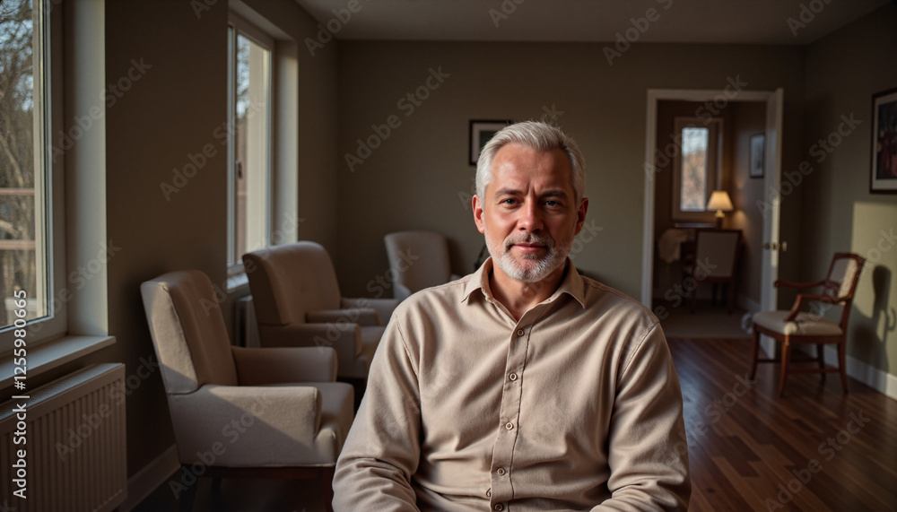Obraz premium Elderly man with silver hair sitting alone in a nursing home, reflecting in warm afternoon light