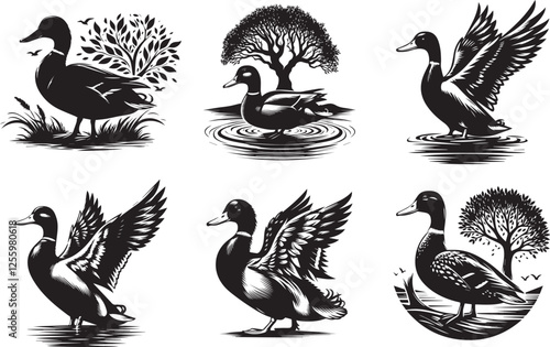 Beautiful hand-drawn duck silhouette with scenic landscape for wildlife prints and apparel