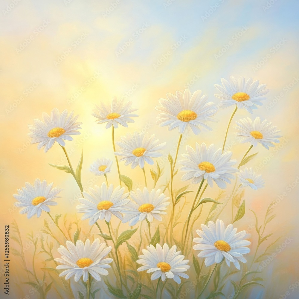 Bright White Daisies Against Soft Pastel Sunrise Sky Background Bright White Daisies Against Soft Pastel Sunrise Sky Background