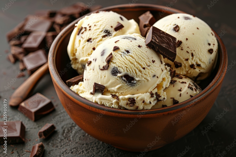 Close up of creamy ice cream with chocolate pieces in a bowl against a dark background Close up of creamy ice cream with chocolate pieces in a bowl against a dark background