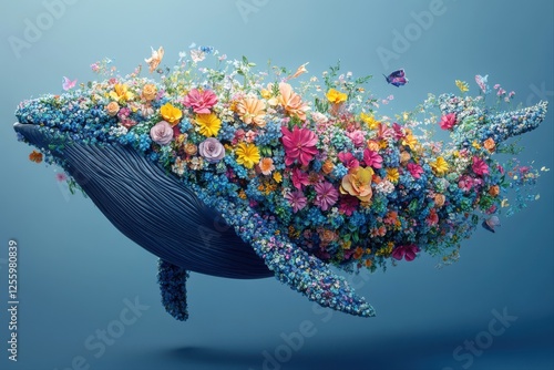 Floral-whale art installation aquatic environment creative concept vibrant colors imaginative view photo