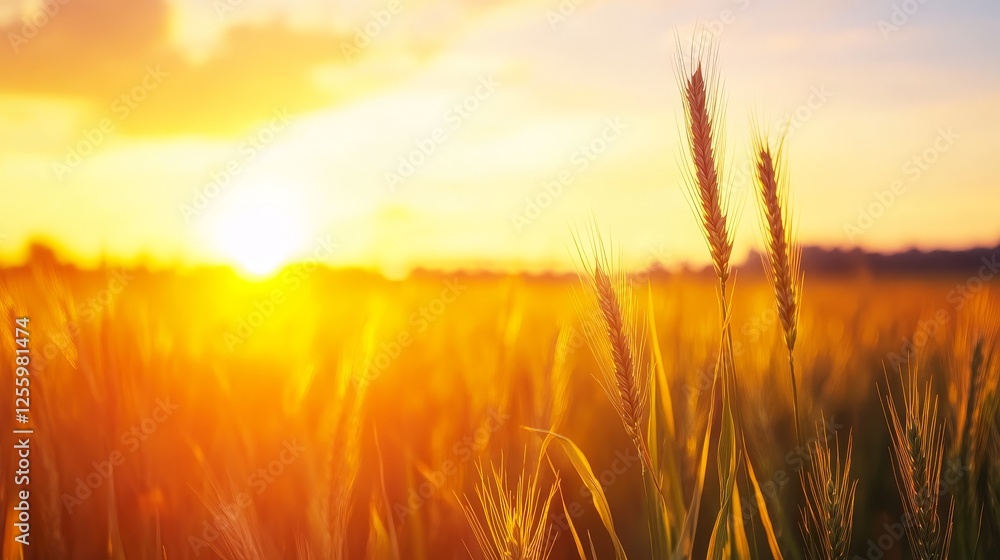 Fototapeta premium Golden wheat field illuminated by sunset, showcasing nature's beauty and tranquility