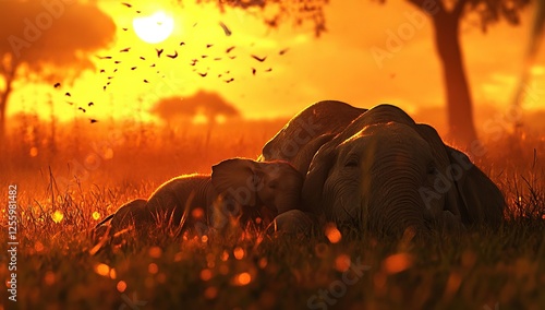 A mother elephant and her calf, rolling in the warm golden light of sunset on an African savannah