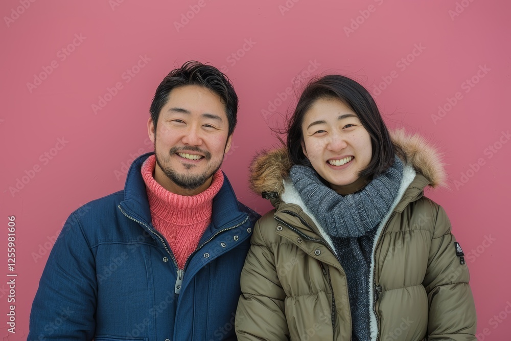 Portrait of a smiling asian couple in their 30s donning a durable down jacket on solid color backdrop Portrait of a smiling asian couple in their 30s donning a durable down jacket on solid color backdrop