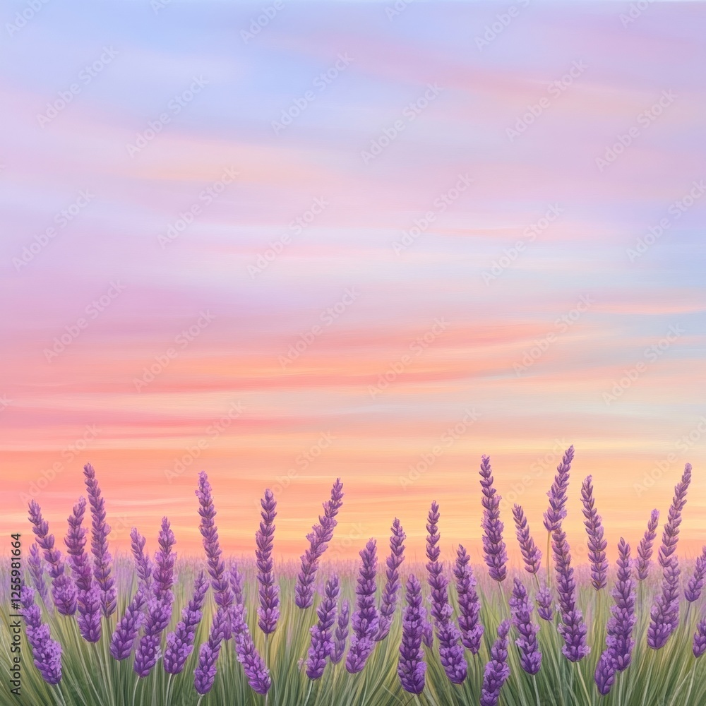 Fototapeta premium Lavender Field Under Colorful Sky at Sunset with Soft Clouds