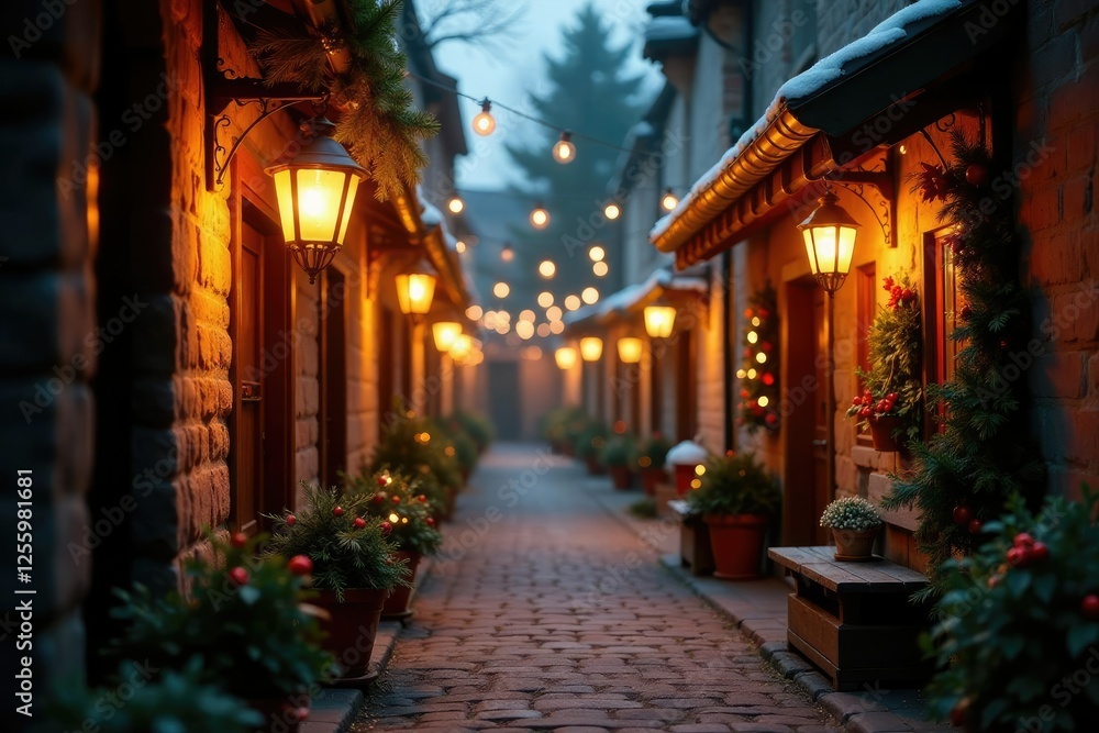 Fototapeta premium Warm glow of lanterns illuminating a cozy alleyway adorned with holly and mistletoe, mistletoe, holiday, warm