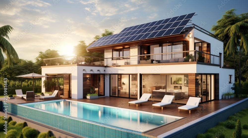 Fototapeta premium Modern Eco-Friendly House with Solar Panels Exterior View