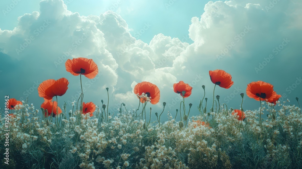 Obraz premium Vibrant Scarlet Poppies Under a Dramatic Sky Filled With Rolling Clouds and Soft Light Enhancing the Natural Beauty of a Floral Landscape