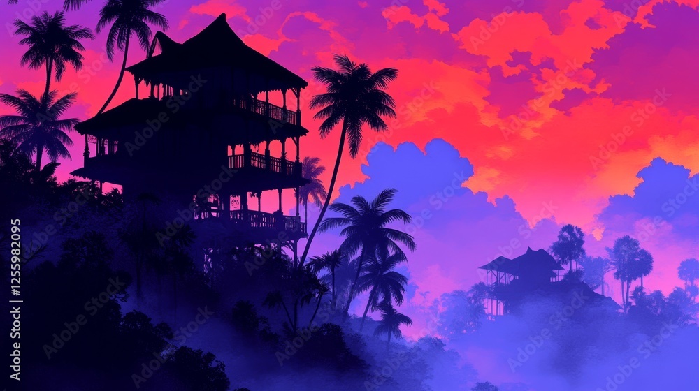 Obraz premium Silhouetted tropical houses on a hilltop at sunset. Vivid pink and purple sky.