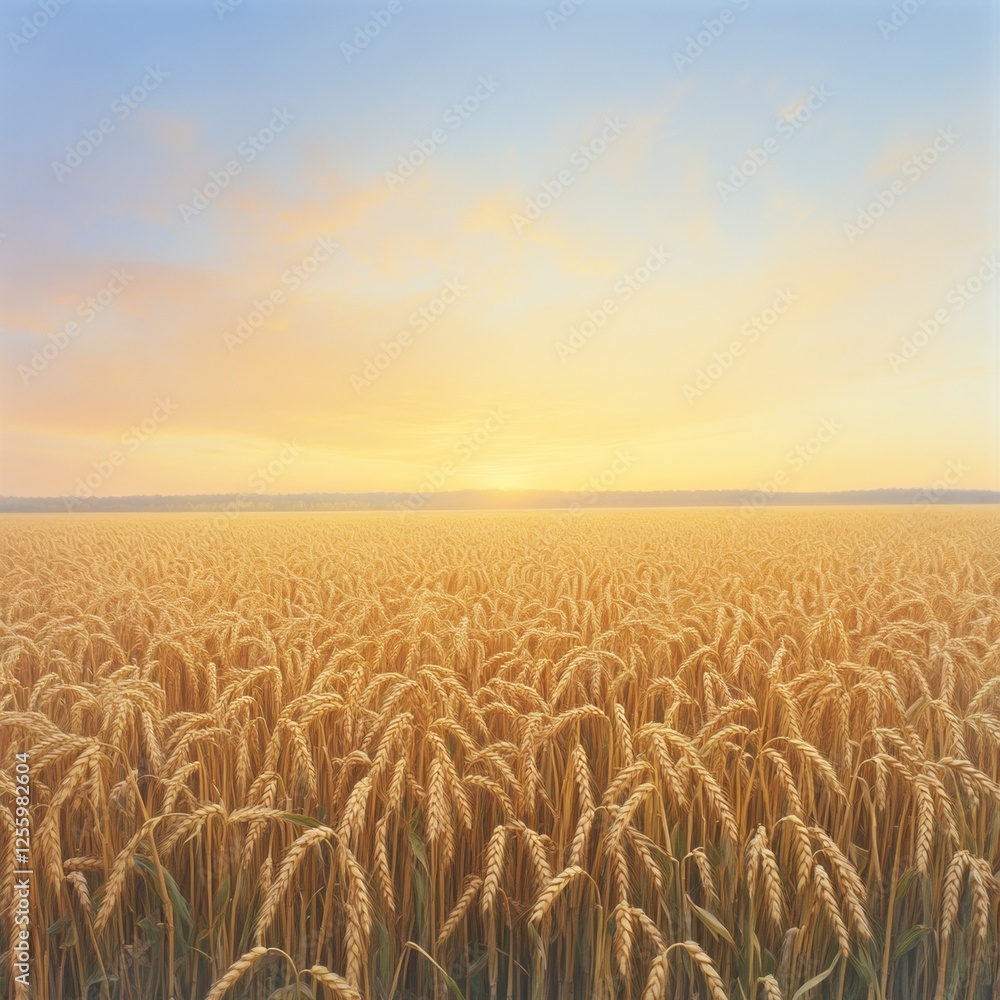 Naklejka premium Golden Wheat Field at Sunrise Under a Colorful Sky