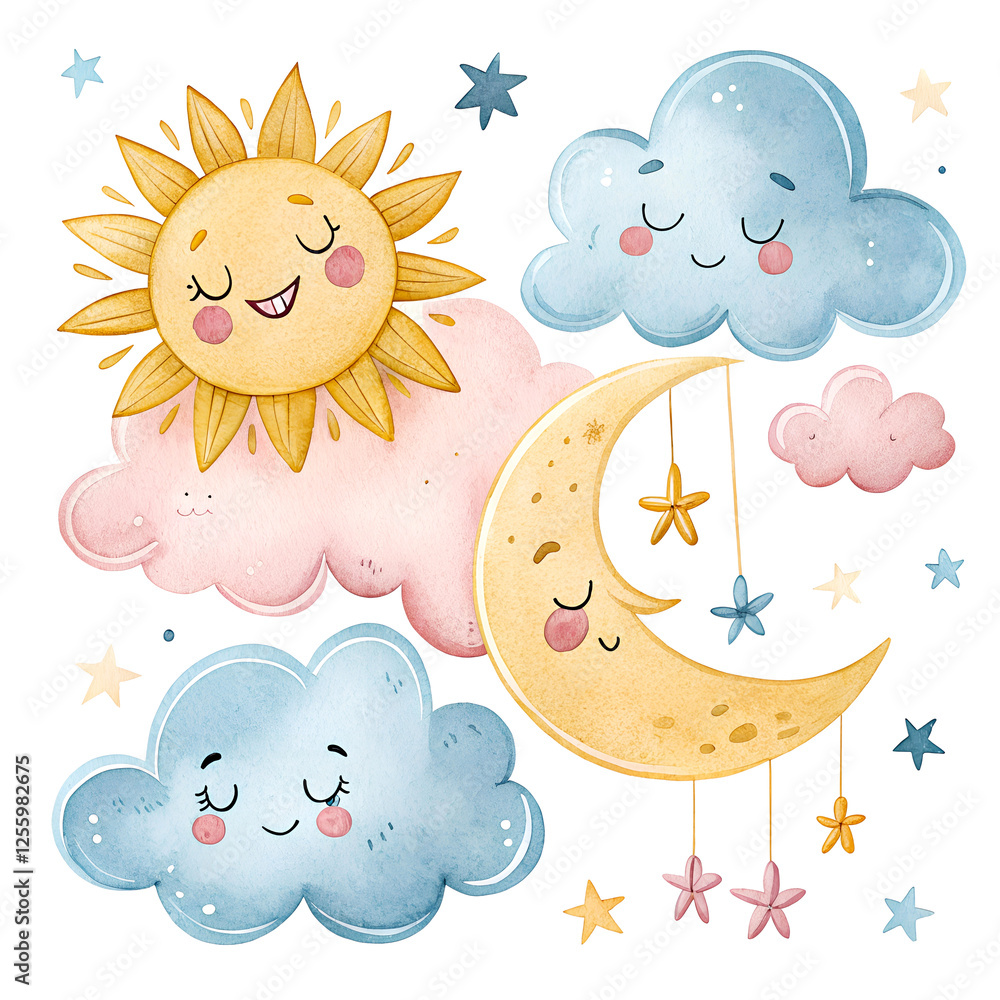 Set of cute watercolor clouds and suns with a smile weather climate graphic file PNG Set of cute watercolor clouds and suns with a smile weather climate graphic file PNG