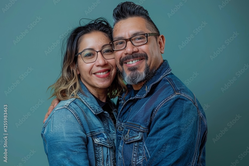 Portrait of a satisfied latino couple in their 40s sporting a rugged denim jacket isolated on solid color backdrop Portrait of a satisfied latino couple in their 40s sporting a rugged denim jacket isolated on solid color backdrop