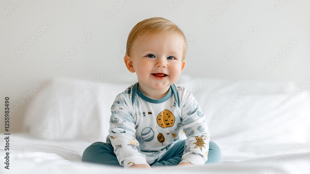 Baby smiling and sitting on bed wearing pajamas Baby smiling and sitting on bed wearing pajamas