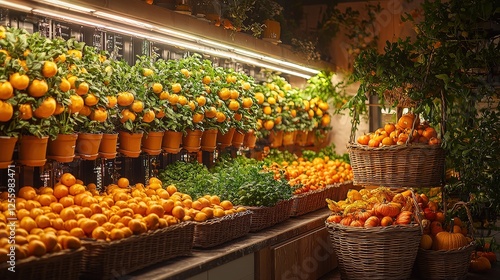 Vibrant farmers market: fresh citrus and greens in woven baskets display