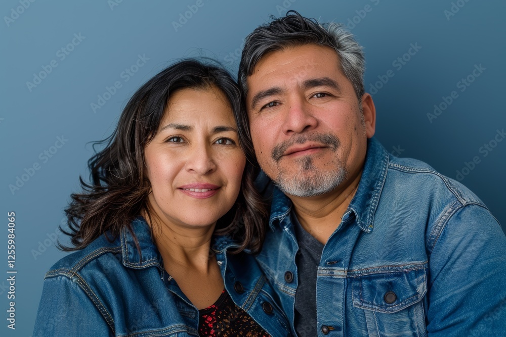 Portrait of a satisfied latino couple in their 40s sporting a rugged denim jacket isolated on solid color backdrop Portrait of a satisfied latino couple in their 40s sporting a rugged denim jacket isolated on solid color backdrop