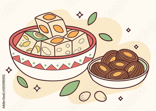 Pastel Ramadan Sweets, A Bowl of Delightful Treats, Festive & Colorful, Perfect for Islamic         