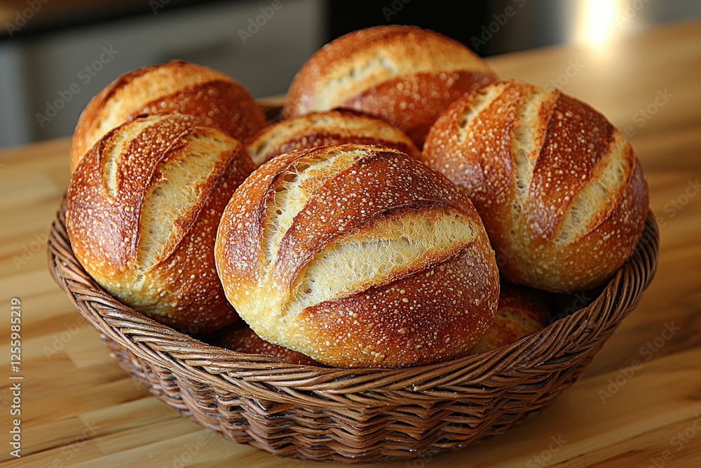 Freshly baked crusty bread rolls in a wicker basket on a kitchen counter Freshly baked crusty bread rolls in a wicker basket on a kitchen counter