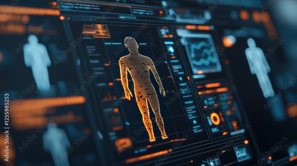 Naklejka premium Futuristic holographic interface displaying human digital anatomy visualization