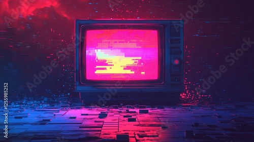 An abstract, pixelated texture featuring vibrant rainbow interlacing, reminiscent of 8-bit retro games. It incorporates glitchy TV static noise with a futuristic cyberpunk feel photo