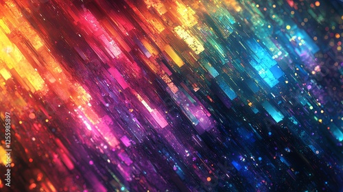 An abstract, pixelated texture featuring vibrant rainbow interlacing, reminiscent of 8-bit retro games. It incorporates glitchy TV static noise with a futuristic cyberpunk feel photo