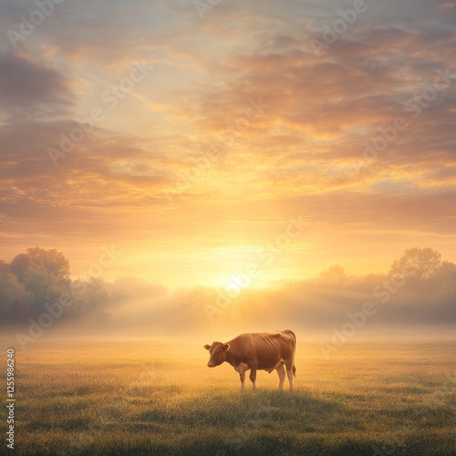 Wallpaper Mural Serene Cow Silhouetted Against a Beautiful Sunrise in Misty Field Torontodigital.ca